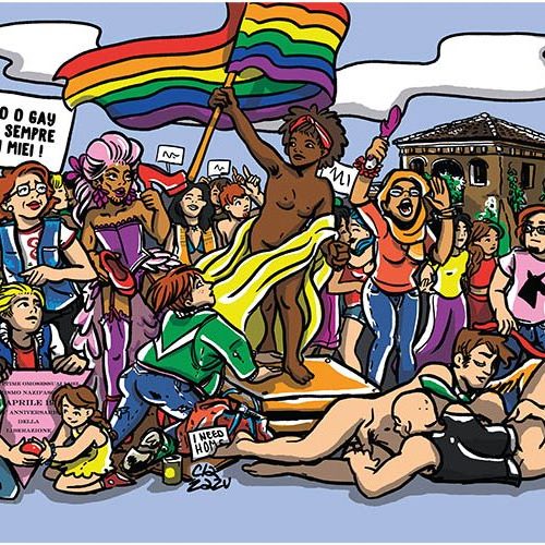 donna nera con bandiera rainbow e persone queer intorno