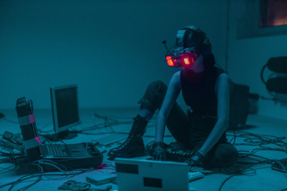 una persona seduta a terra che scrive alla tastiera di un computer portatile, con indosso dei visori 3D, intorno molti altri dispositivi elettronici